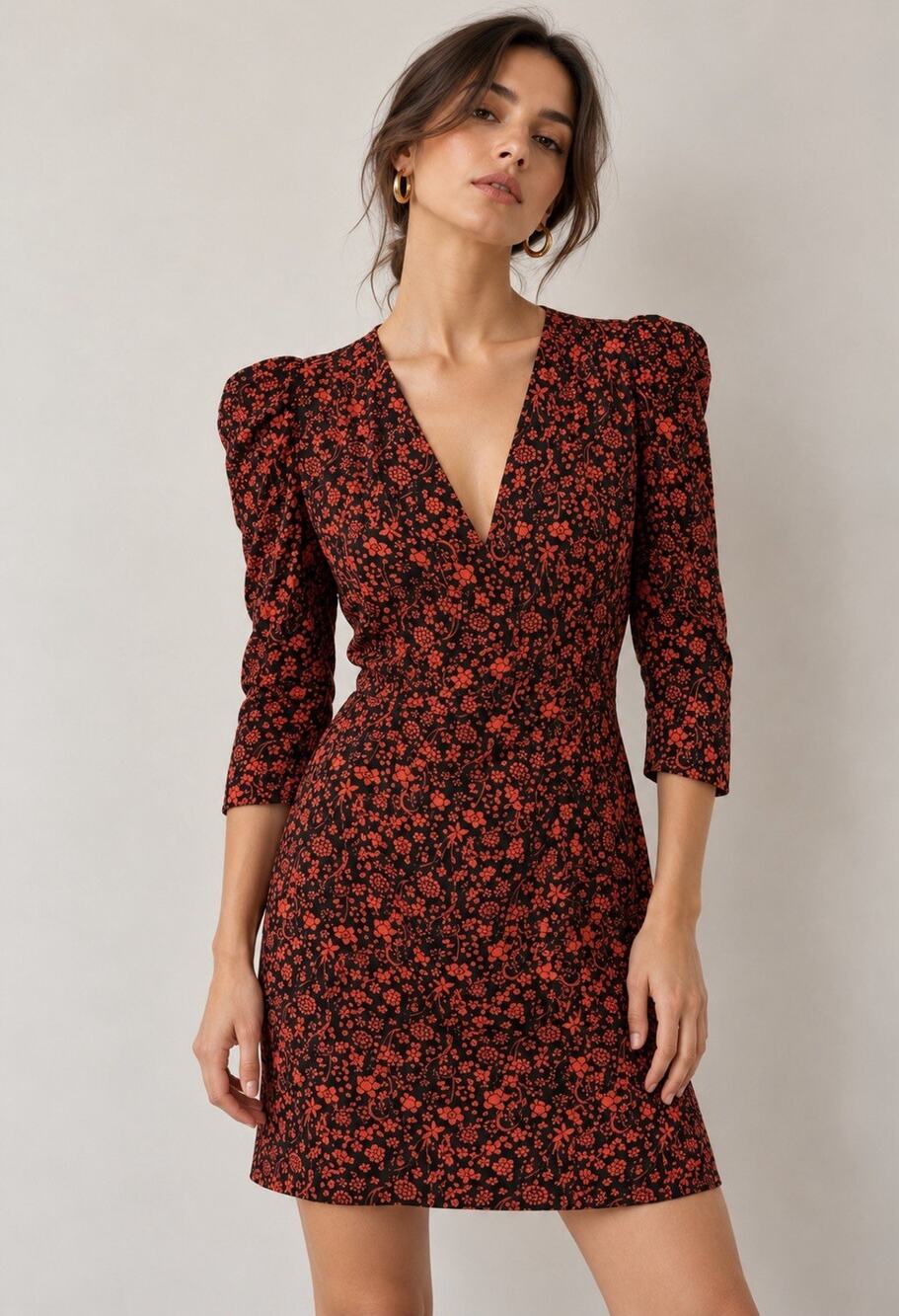 Maje Rapita Dress 36 US 4 Red Black Floral Wrap Mini Puff Sleeve Ruffle Parisian
